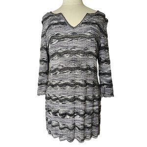 White House Black Market Black & White Blue Sweater L Wave Stripes Knit Sparkle!